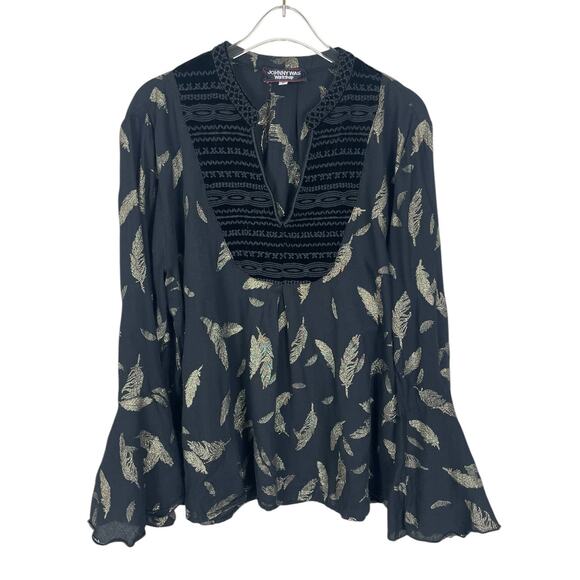 Johnny Was Workshop Feather Velvet Bell Sleeve Top Boho Black Gold Size Medium - Picture 2 of 15